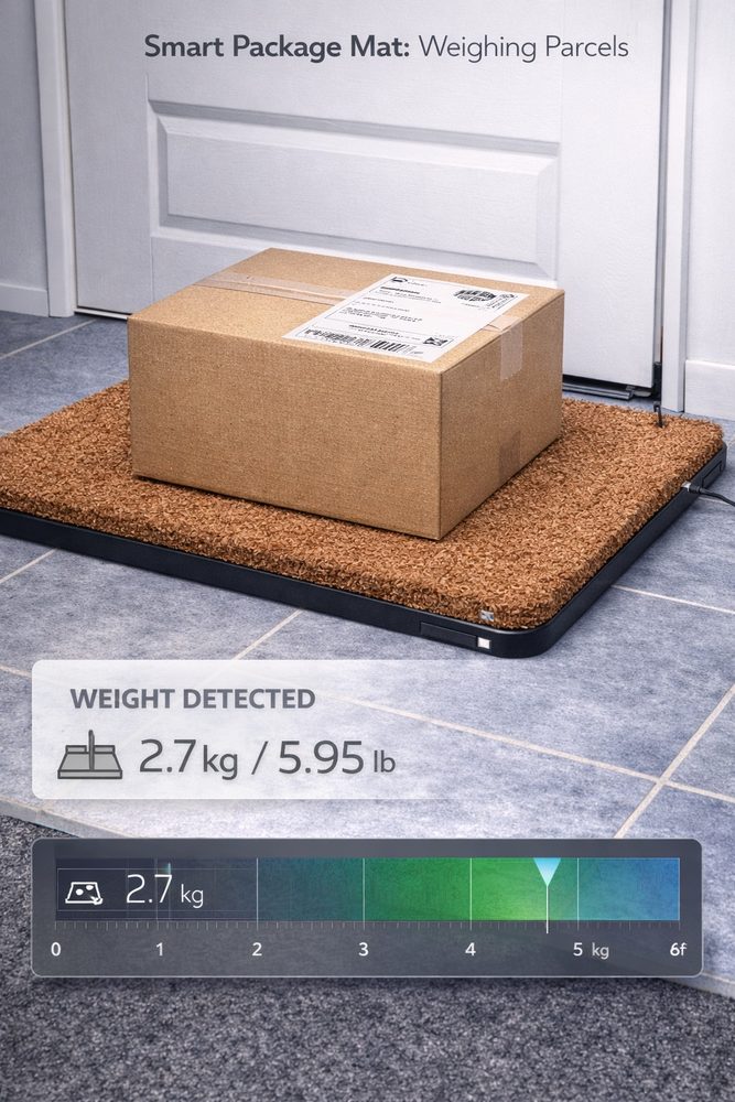 DoryMat weighing a 2.7kg parcel at the front door